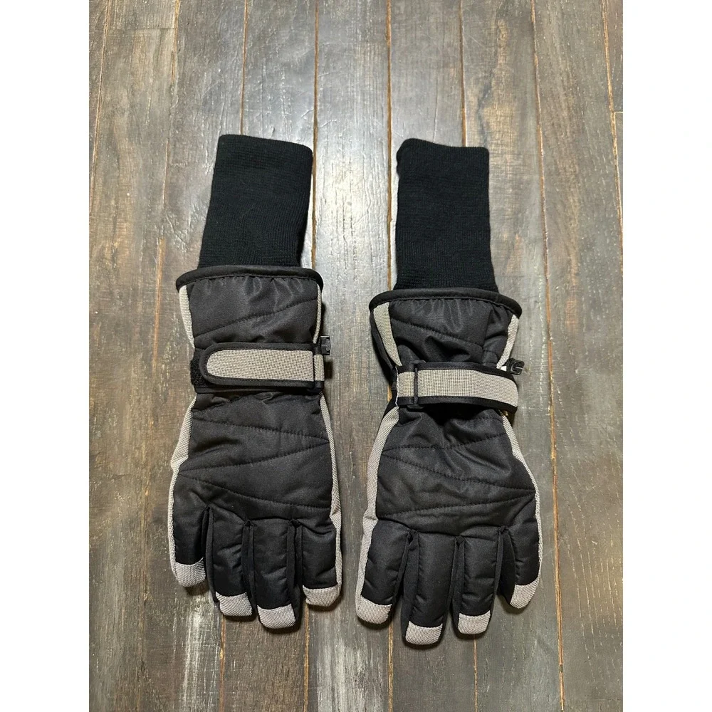 Kids Black Grey Insulated Winter Snow Gloves Water Resistant Knit Cuff 10-12